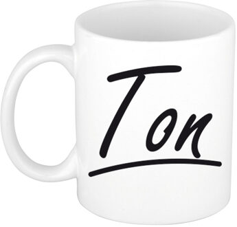 Bellatio Decorations Ton Naam koffiemok - beker - met sierlijke letters - wit - 300 ml - Cadeau - Heren