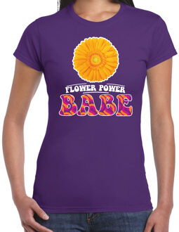 Bellatio Decorations Toppers Jaren 60 Flower Power Babe verkleed shirt paars met gele bloem dames XS - Feestshirts Zwart