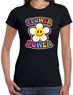 Bellatio Decorations Toppers Jaren 60 Flower Power verkleed shirt zwart met emoticon bloem dames L - Feestshirts