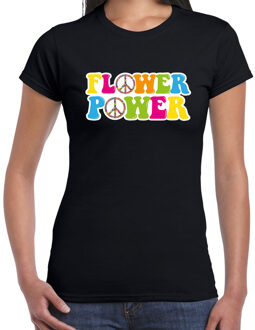 Bellatio Decorations Toppers Jaren 60 Flower Power verkleed shirt zwart met gekleurde peace tekens dames XS - Feestshirts