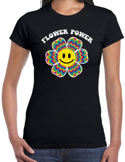 Bellatio Decorations Toppers Jaren 60 Flower Power verkleed shirt zwart met psychedelische emoticon bloem dames XS - Feestshirts