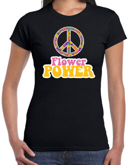 Bellatio Decorations Toppers Jaren 60 Flower Power verkleed shirt zwart met roze en geel dames XS - Feestshirts