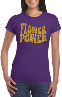 Bellatio Decorations Toppers Paars Flower Power gouden glitter t-shirt voor dames M - Feestshirts