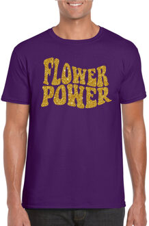 Bellatio Decorations Toppers Paars Flower Power gouden glitter t-shirt voor heren 2XL - Feestshirts