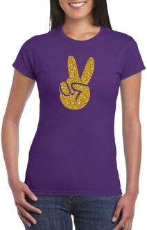 Bellatio Decorations Toppers Paars Flower Power t-shirt gouden glitter peace hand dames S - Feestshirts