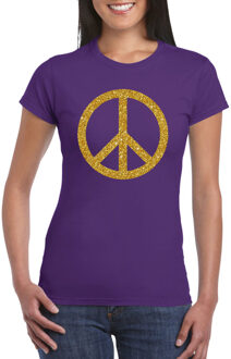 Bellatio Decorations Toppers Paars Flower Power t-shirt gouden glitter peace teken dames L - Feestshirts
