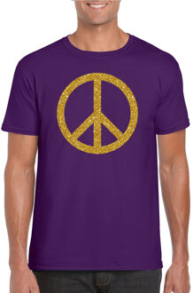 Bellatio Decorations Toppers Paars Flower Power t-shirt gouden glitter peace teken heren XL - Feestshirts