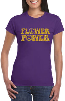 Bellatio Decorations Toppers Paars Flower Power t-shirt peace tekens met gouden letters dames 2XL - Feestshirts