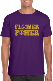 Bellatio Decorations Toppers Paars Flower Power t-shirt peace tekens met gouden letters heren 2XL - Feestshirts