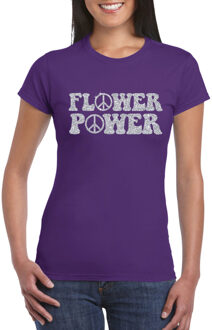 Bellatio Decorations Toppers Paars Flower Power t-shirt peace tekens met zilveren letters dames 2XL - Feestshirts