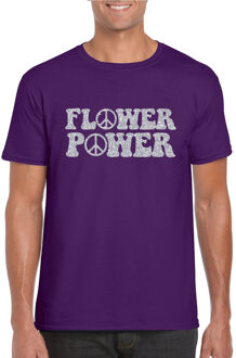 Bellatio Decorations Toppers Paars Flower Power t-shirt peace tekens met zilveren letters heren 2XL - Feestshirts