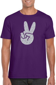 Bellatio Decorations Toppers Paars Flower Power t-shirt zilveren glitter peace hand heren S - Feestshirts