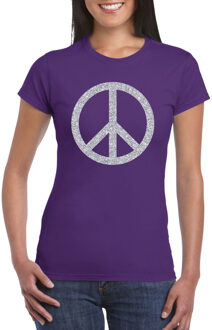 Bellatio Decorations Toppers Paars Flower Power t-shirt zilveren glitter peace teken dames M - Feestshirts