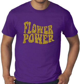 Bellatio Decorations Toppers Paars t-shirt in grote maat heren met tekst Flower Power in gouden glitter letters 3XL - Feestshirts