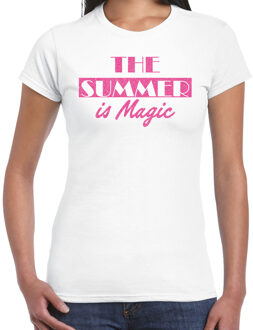 Bellatio Decorations Toppers verkleed T-shirt dames - The summer is Magic - wit - glitter roze - feestkleding M