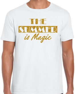 Bellatio Decorations Toppers verkleed T-shirt heren - The summer is Magic - wit - glitter goud - Tropische feestkleding S