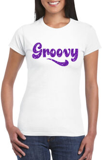 Bellatio Decorations Toppers Wit Flower Power t-shirt Groovy met paarse letters dames S - Feestshirts