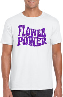 Bellatio Decorations Toppers Wit Flower Power t-shirt met paarse letters heren 2XL - Feestshirts