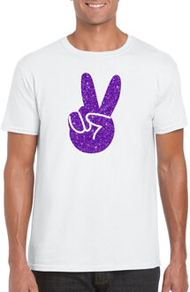 Bellatio Decorations Toppers Wit Flower Power t-shirt paarse glitter peace hand heren L - Feestshirts