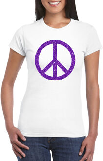 Bellatio Decorations Toppers Wit Flower Power t-shirt paarse glitter peace teken dames XL - Feestshirts