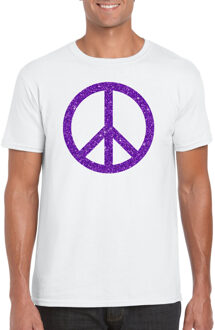 Bellatio Decorations Toppers Wit Flower Power t-shirt paarse glitter peace teken heren XL - Feestshirts