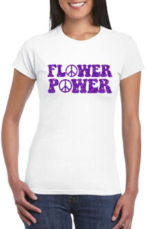 Bellatio Decorations Toppers Wit Flower Power t-shirt peace tekens met paarse letters dames 2XL - Feestshirts