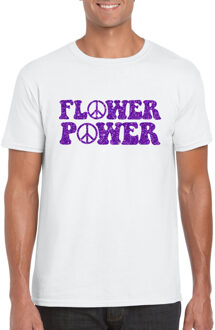 Bellatio Decorations Toppers Wit Flower Power t-shirt peace tekens met paarse letters heren 2XL - Feestshirts