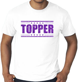 Bellatio Decorations Toppers Wit t-shirt in grote maat heren met tekst topper in paarse glitter letters 3XL - Feestshirts