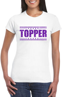 Bellatio Decorations Toppers Wit Topper shirt in paarse glitter letters dames XS - Feestshirts