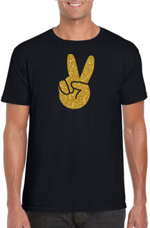 Bellatio Decorations Toppers Zwart Flower Power t-shirt gouden glitter peace hand heren 2XL - Feestshirts