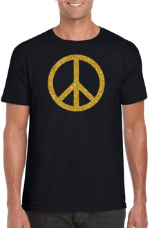 Bellatio Decorations Toppers Zwart Flower Power t-shirt gouden glitter peace teken heren L - Feestshirts