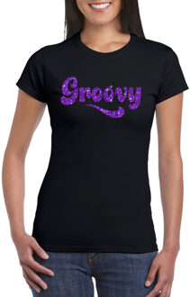 Bellatio Decorations Toppers Zwart Flower Power t-shirt Groovy met paarse letters dames L - Feestshirts