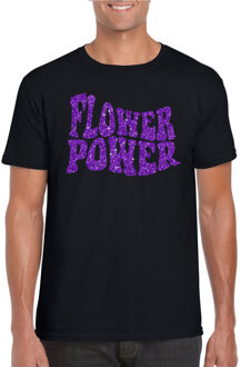 Bellatio Decorations Toppers Zwart Flower Power t-shirt met paarse letters heren 2XL - Feestshirts