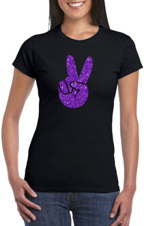 Bellatio Decorations Toppers Zwart Flower Power t-shirt paarse glitter peace hand dames S - Feestshirts