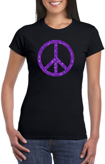 Bellatio Decorations Toppers Zwart Flower Power t-shirt paarse glitter peace teken dames L - Feestshirts