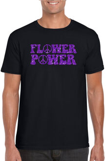 Bellatio Decorations Toppers Zwart Flower Power t-shirt peace tekens met paarse letters heren XL - Feestshirts Zilverkleurig