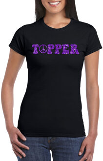 Bellatio Decorations Toppers Zwart Flower Power t-shirt Topper met paarse letters dames 2XL - Feestshirts