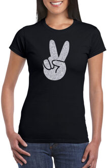 Bellatio Decorations Toppers Zwart Flower Power t-shirt zilveren glitter peace hand dames M - Feestshirts