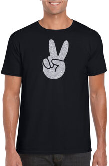 Bellatio Decorations Toppers Zwart Flower Power t-shirt zilveren glitter peace hand heren 2XL - Feestshirts