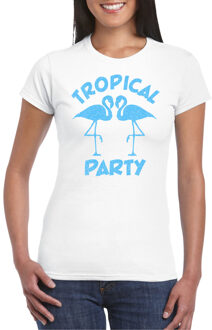 Bellatio Decorations Tropical party T-shirt dames - met glitters - wit/blauw - carnaval/themafeest XS