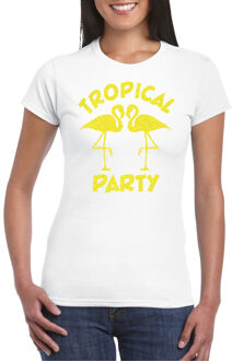 Bellatio Decorations Tropical party T-shirt dames - met glitters - wit/geel - carnaval/themafeest XS