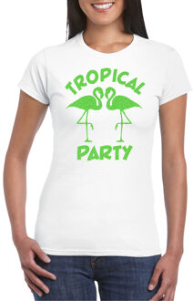 Bellatio Decorations Tropical party T-shirt dames - met glitters - wit/groen - carnaval/themafeest XS