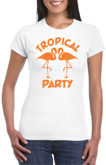 Bellatio Decorations Tropical party T-shirt dames - met glitters - wit/oranje - carnaval/themafeest XS