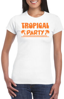 Bellatio Decorations Tropical party T-shirt dames - met glitters - wit/oranje - carnaval/themafeest XS