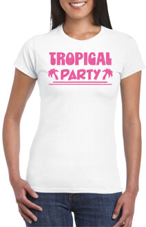 Bellatio Decorations Tropical party T-shirt dames - met glitters - wit/roze - carnaval/themafeest XS