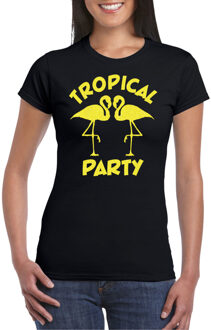 Bellatio Decorations Tropical party T-shirt dames - met glitters - zwart/geel - carnaval/themafeest 2XL