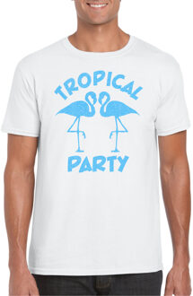 Bellatio Decorations Tropical party T-shirt heren - met glitters - wit/blauw - carnaval/themafeest XS