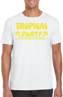 Bellatio Decorations Tropical party T-shirt heren - met glitters - wit/geel - carnaval/themafeest 2XL