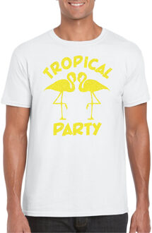 Bellatio Decorations Tropical party T-shirt heren - met glitters - wit/geel - carnaval/themafeest S