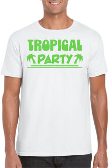 Bellatio Decorations Tropical party T-shirt heren - met glitters - wit/groen - carnaval/themafeest L